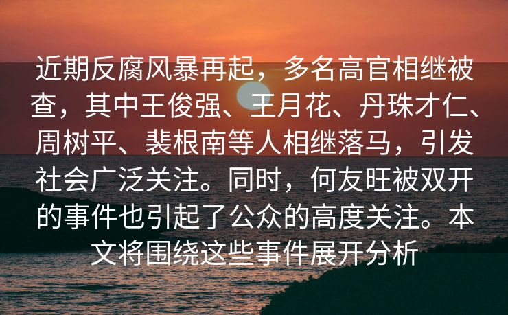 近期反腐风暴再起，多名高官相继被查，其中王俊强、王月花、丹珠才仁、周树平、裴根南等人相继落马，引发社会广泛关注。同时，何友旺被双开的事件也引起了公众的高度关注。本文将围绕这些事件展开分析